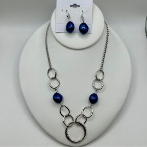 16-18” Hammered Silver and Blue Pearl Necklace& Earring Set